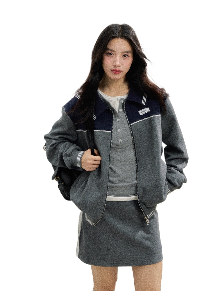 Sporty Miu-Style Color-Block Preppy Jacket &amp; Skirt Set
