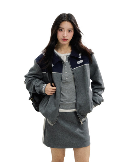 Sporty Miu-Style Color-Block Preppy Jacket &amp; Skirt Set