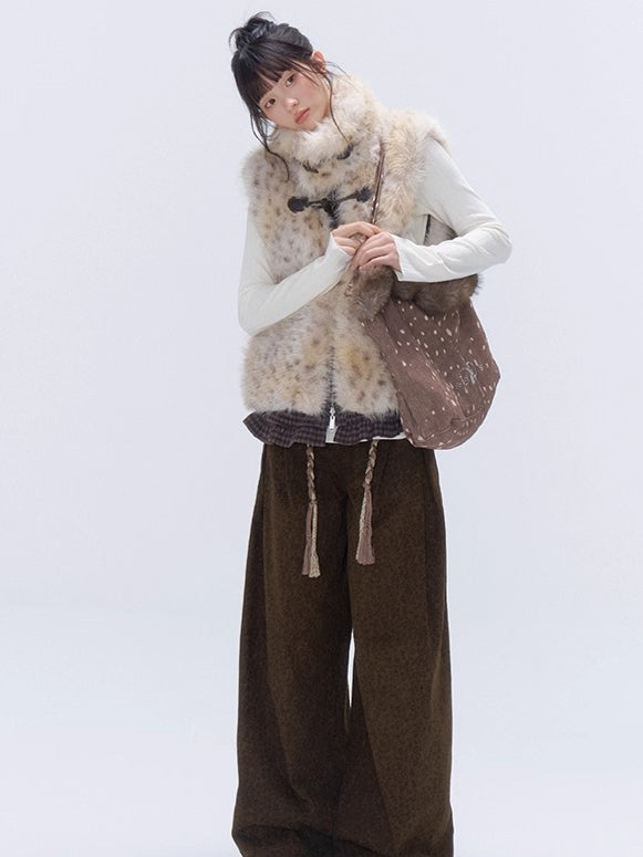 Faux Fur Leopard-Panel Lace-Trim Vest