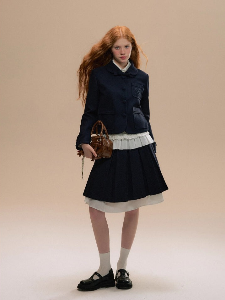 Navy &amp; Beige Double Waist Pleated Skirt