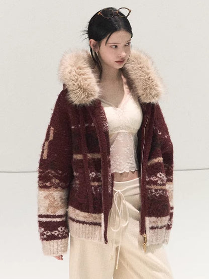 Detachable Fur-Collar Wool Hooded Cardigan