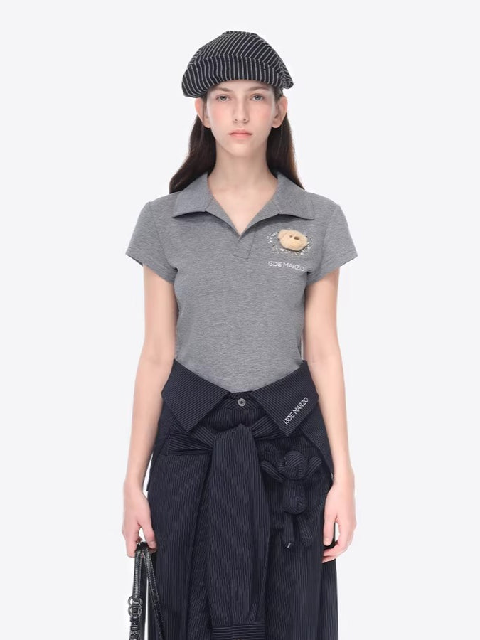 Rhinestone-Embellished Slim-Fit Cropped Polo T-Shirt