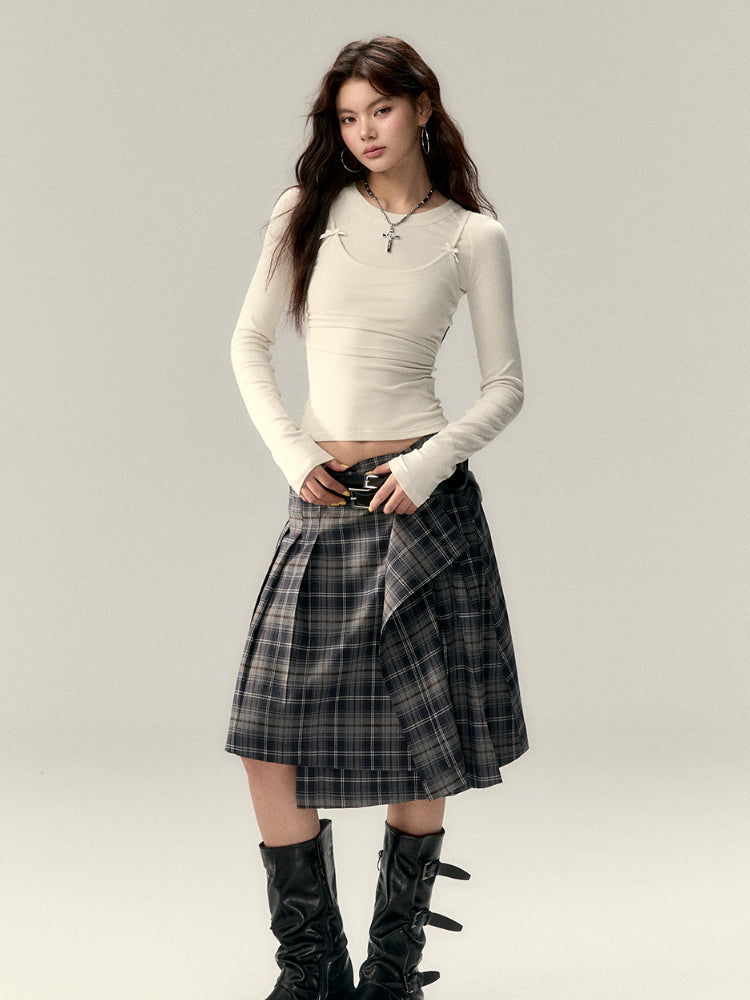 Asymmetrical Plaid Midi Skirt