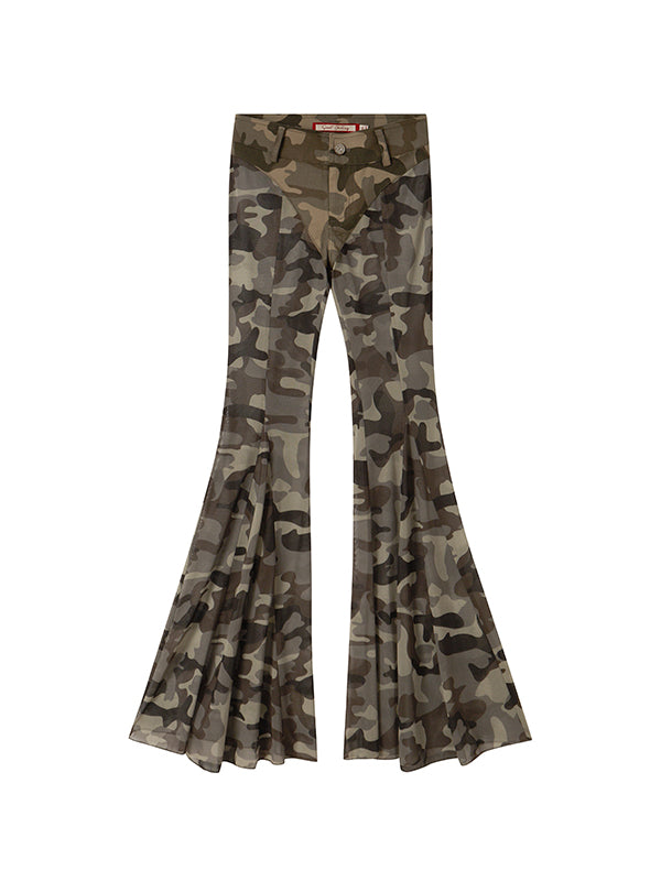 Camouflage Print Patchwork Mesh Flare Pants