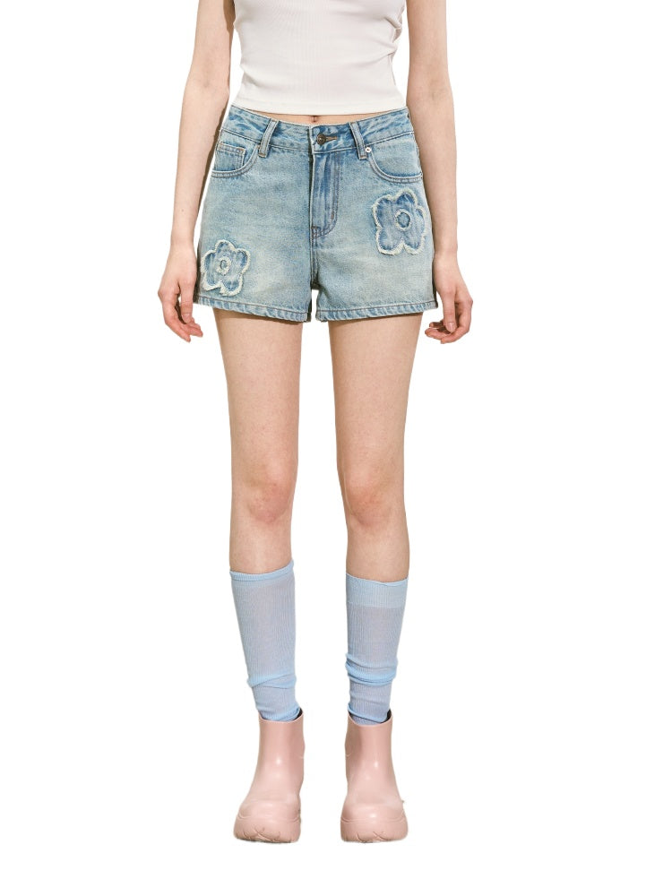 Raw-edge Floral Straight - leg Denim Shorts