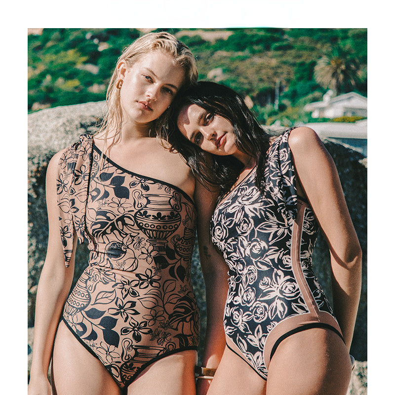 Brown &amp; Black Double-Sided Printed One-Piece Swimsuit