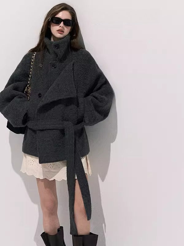 Waist-Defining Silhouette Stand-Collar Wool Coat