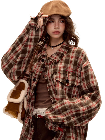 Wool Blend Checkered Contrast Fringe Shirt