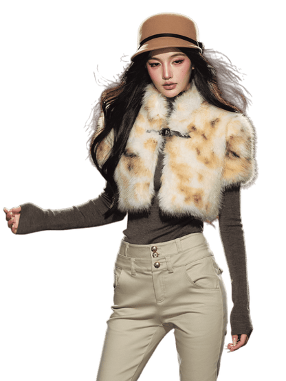 Ombre Short Faux Fur High-Neck Cropped Jacket