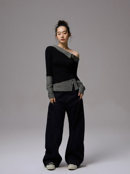 Double Waistband Raw Denim Wide-Leg Jeans - CHINASQUAD