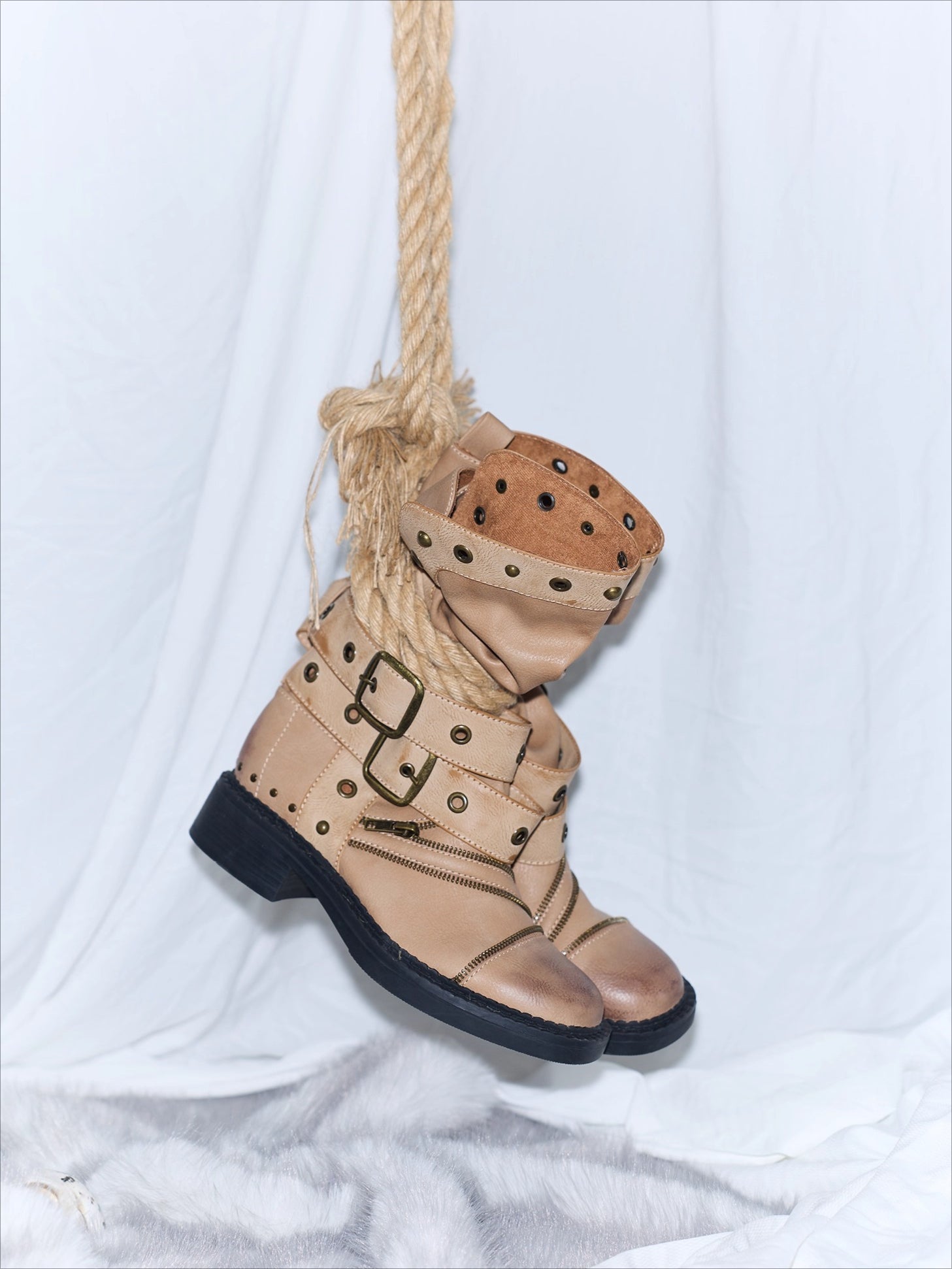 Retro Distressed Rivet Zipper Mid-Calf Boots