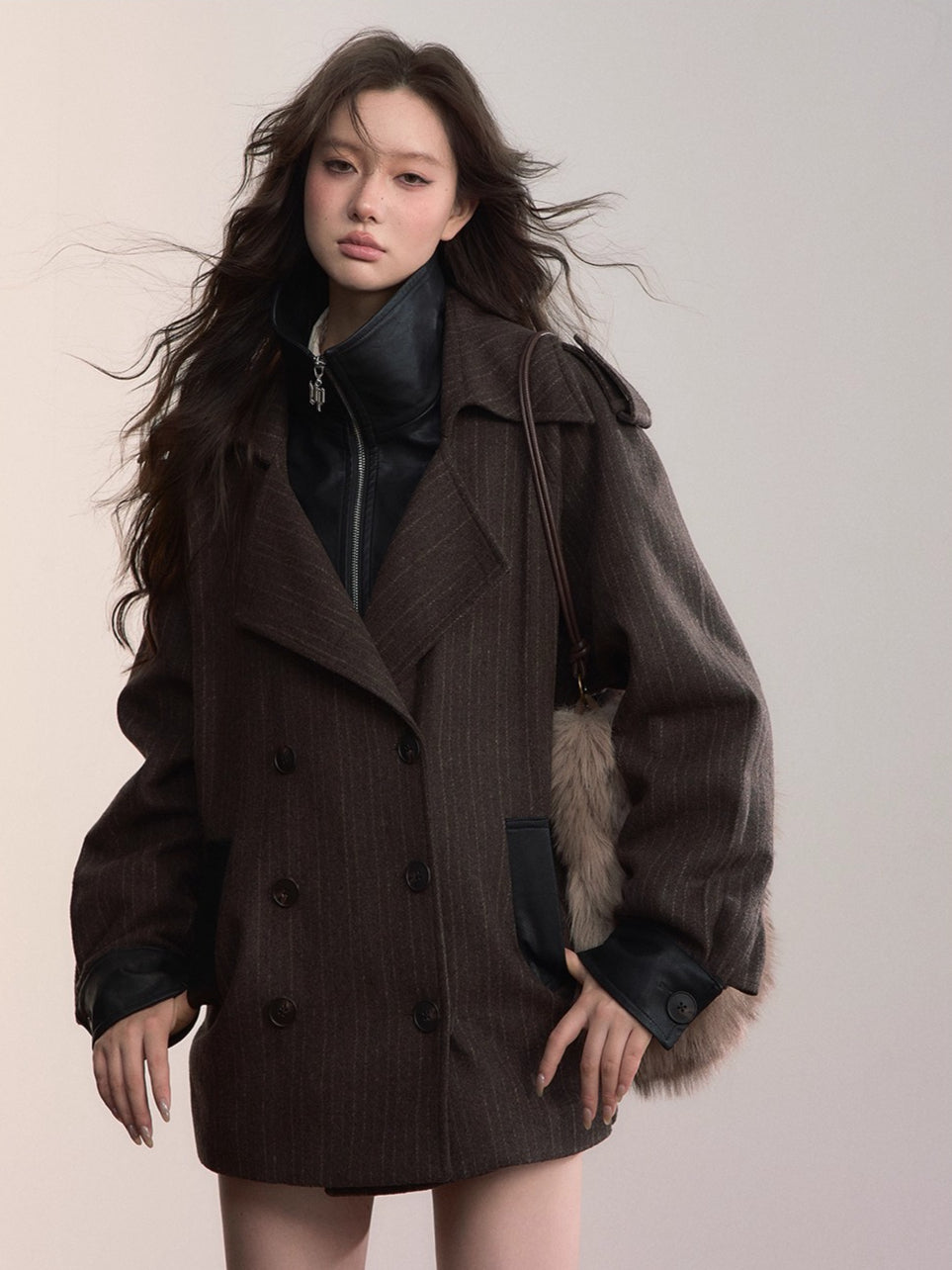 Contrast Faux-Layer Double-Breasted Wool-Blend Jacket