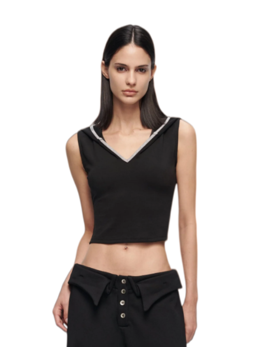 V-Cutout Hooded Sleeveless Trim Top In Black