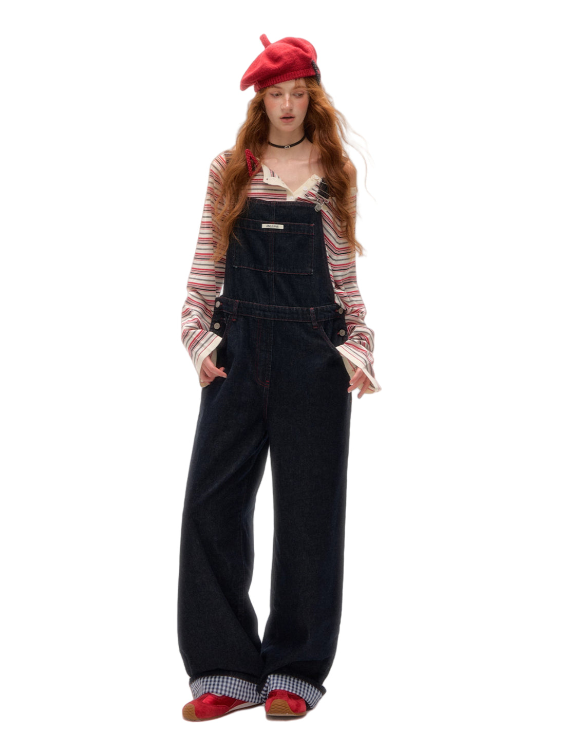 Raw Denim Wide-Leg Overalls with Red Stitching