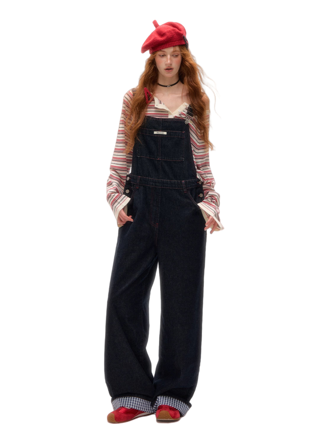 Raw Denim Wide-Leg Overalls with Red Stitching