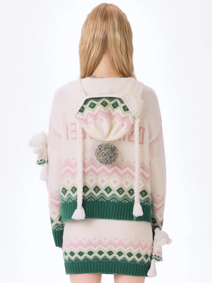 Contrast Zip-Up Hooded Knit Cardigan