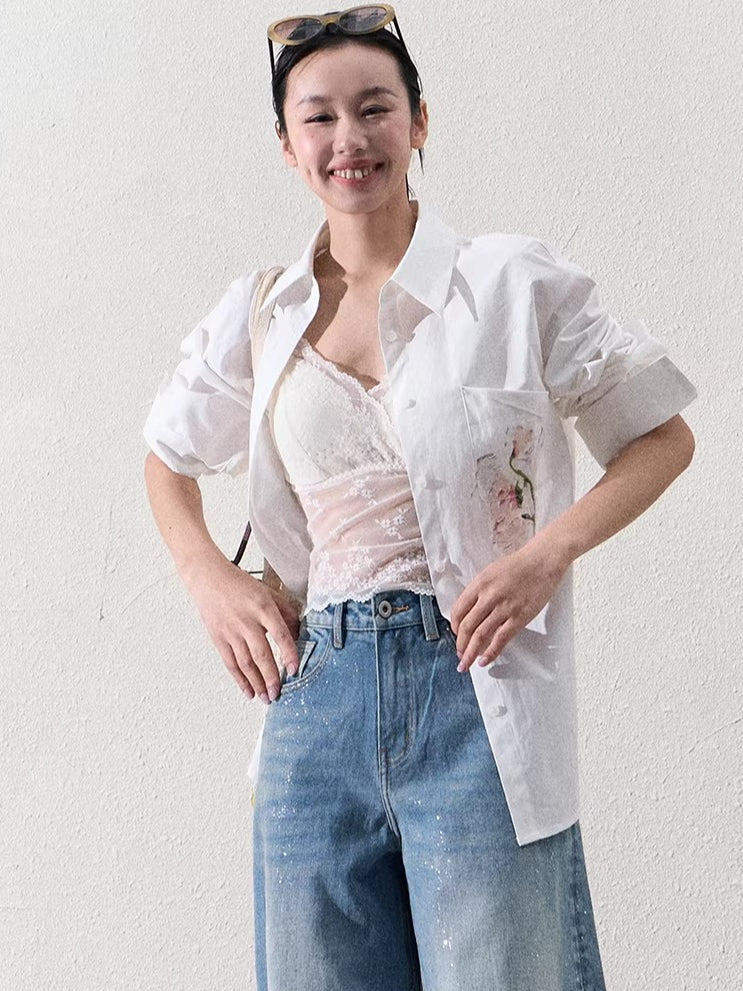 Cotton Silver-Splatter Wide-Leg Jeans