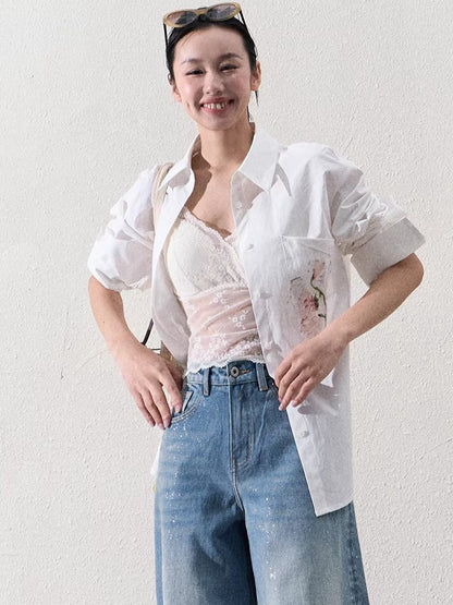 Cotton Silver-Splatter Wide-Leg Jeans