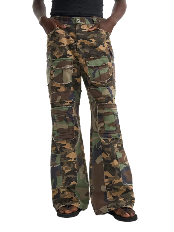 Washed Raw-Edge Patchwork Camouflage Flared Cargo Pants