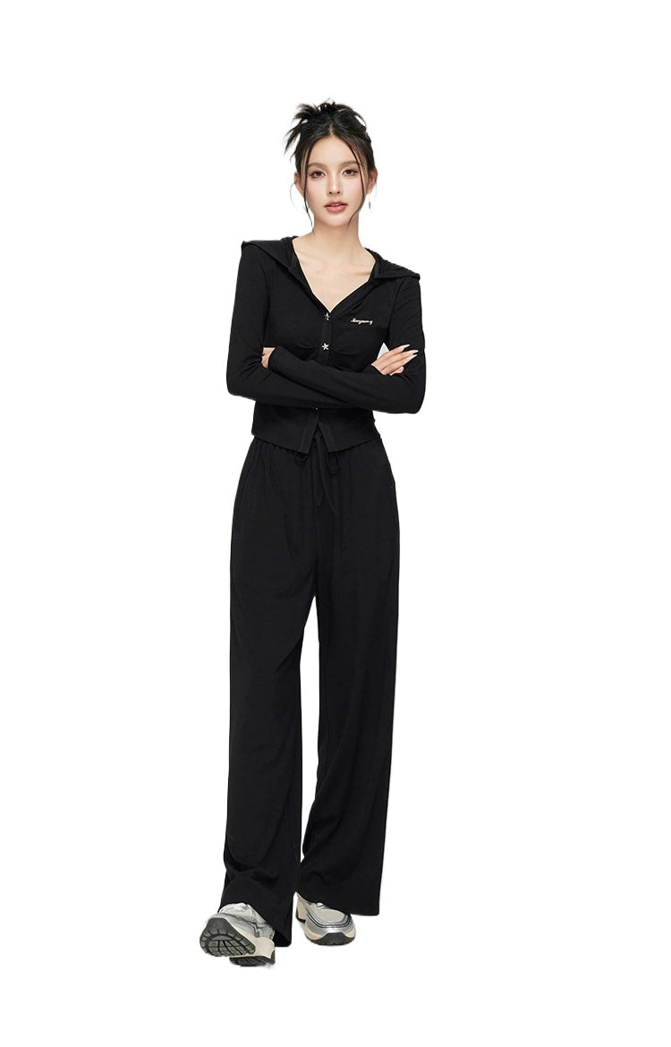 Black &amp; Gray V-neck Hooded Cardigan &amp; Pant Set