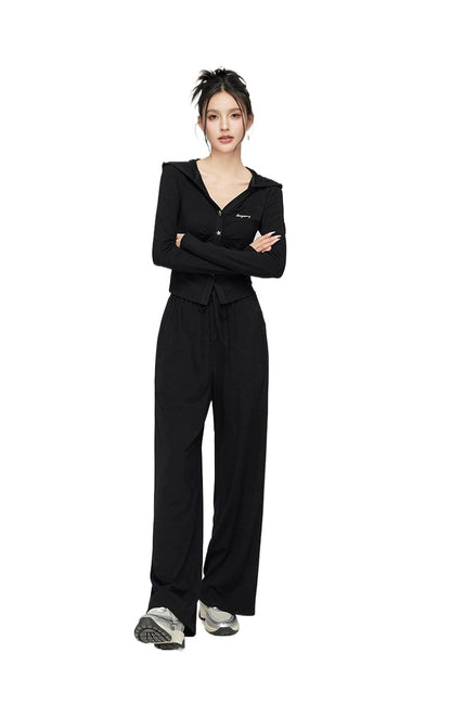 Black &amp; Gray V-neck Hooded Cardigan &amp; Pant Set