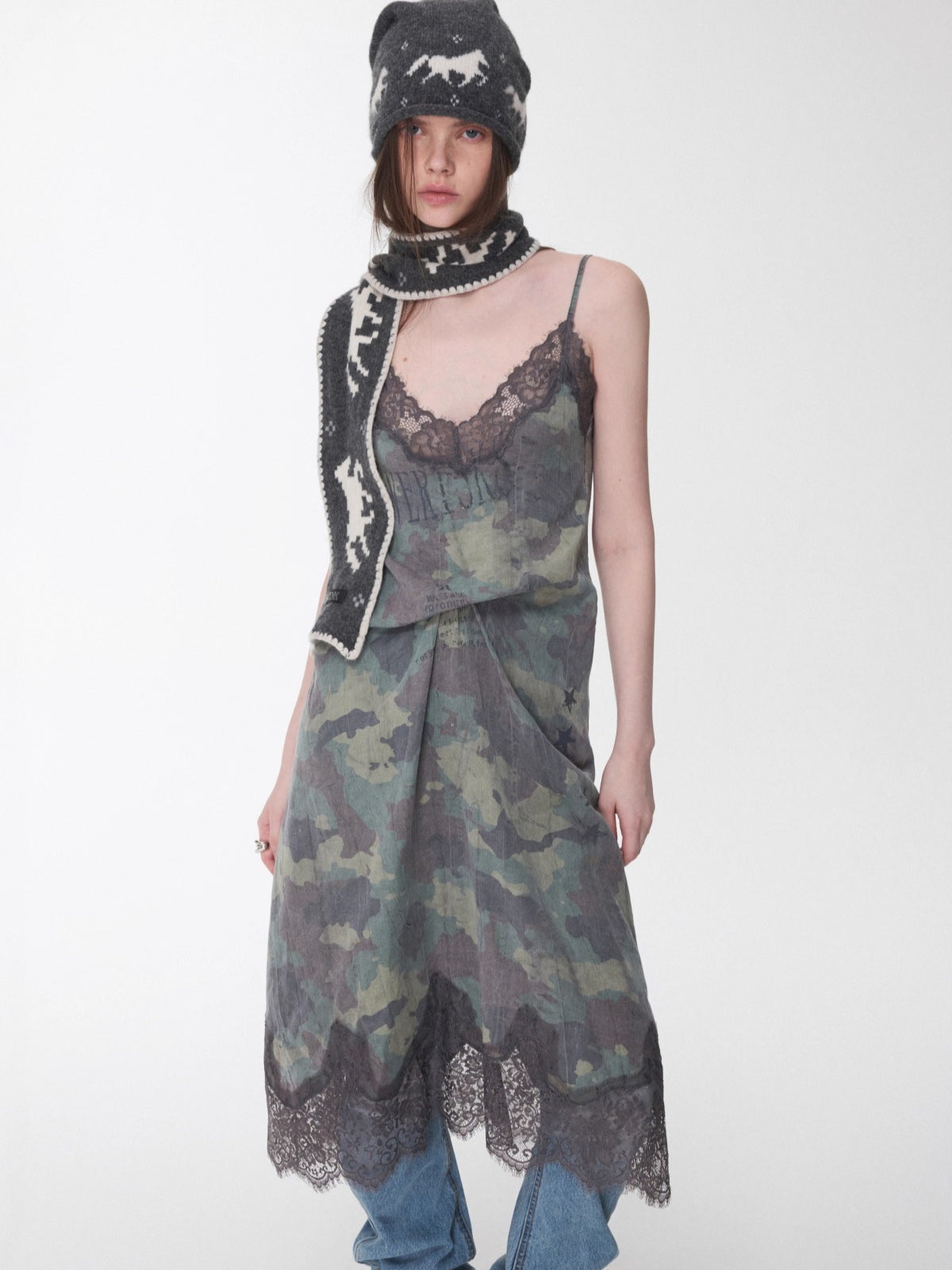 Camouflage Lace-Trim Printed Slip Dress