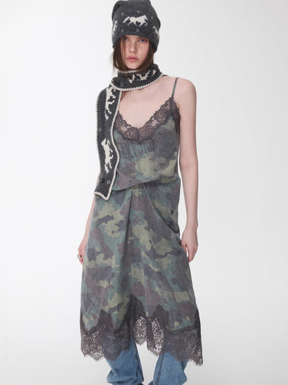 Camouflage Lace-Trim Printed Slip Dress
