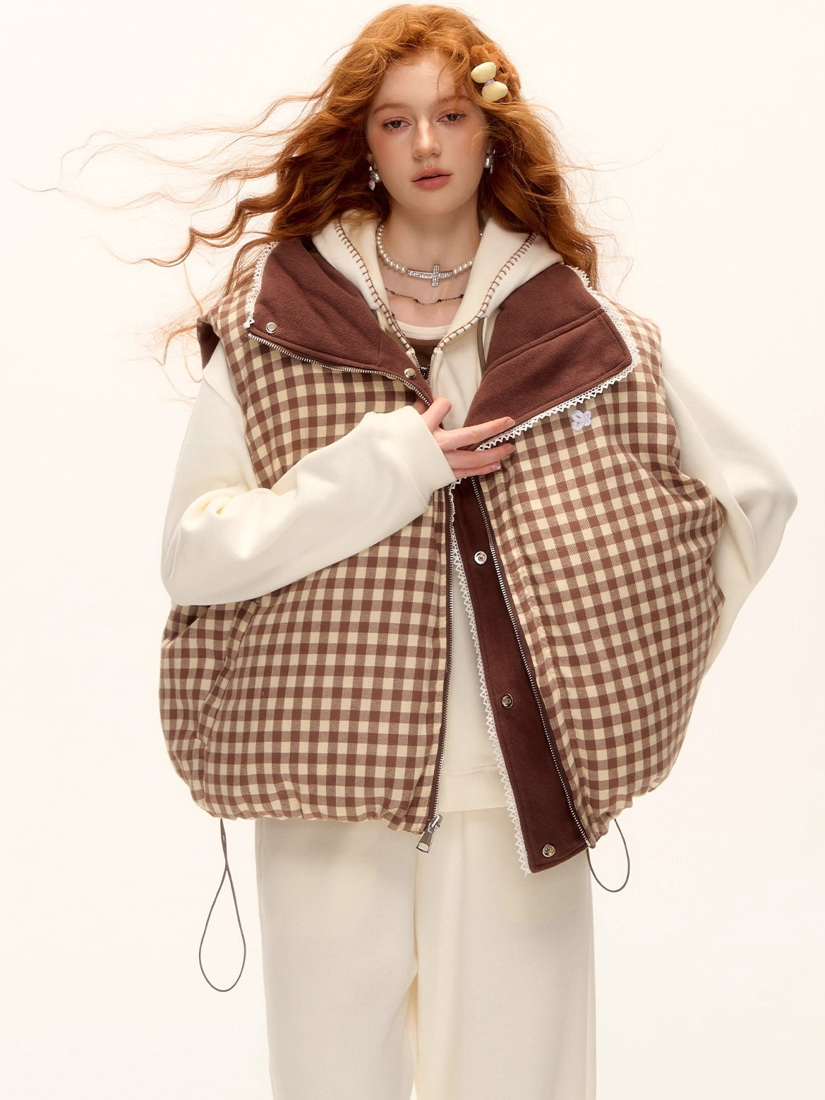 Reversible Plaid Lace-Trim Padded Vest