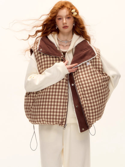Reversible Plaid Lace-Trim Padded Vest