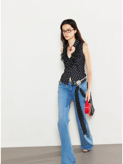 Lace Love Embroidery Polka Dot V-Neck Tank Top - CHINASQUAD