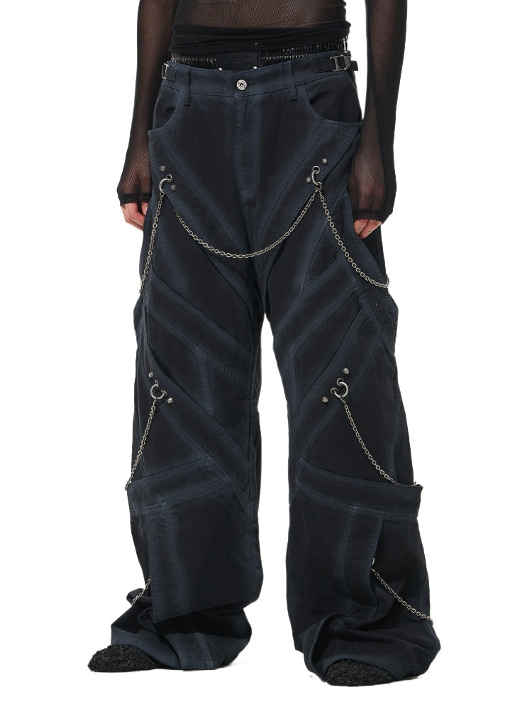 Black Chain-Decorated Washed Cargo Pants