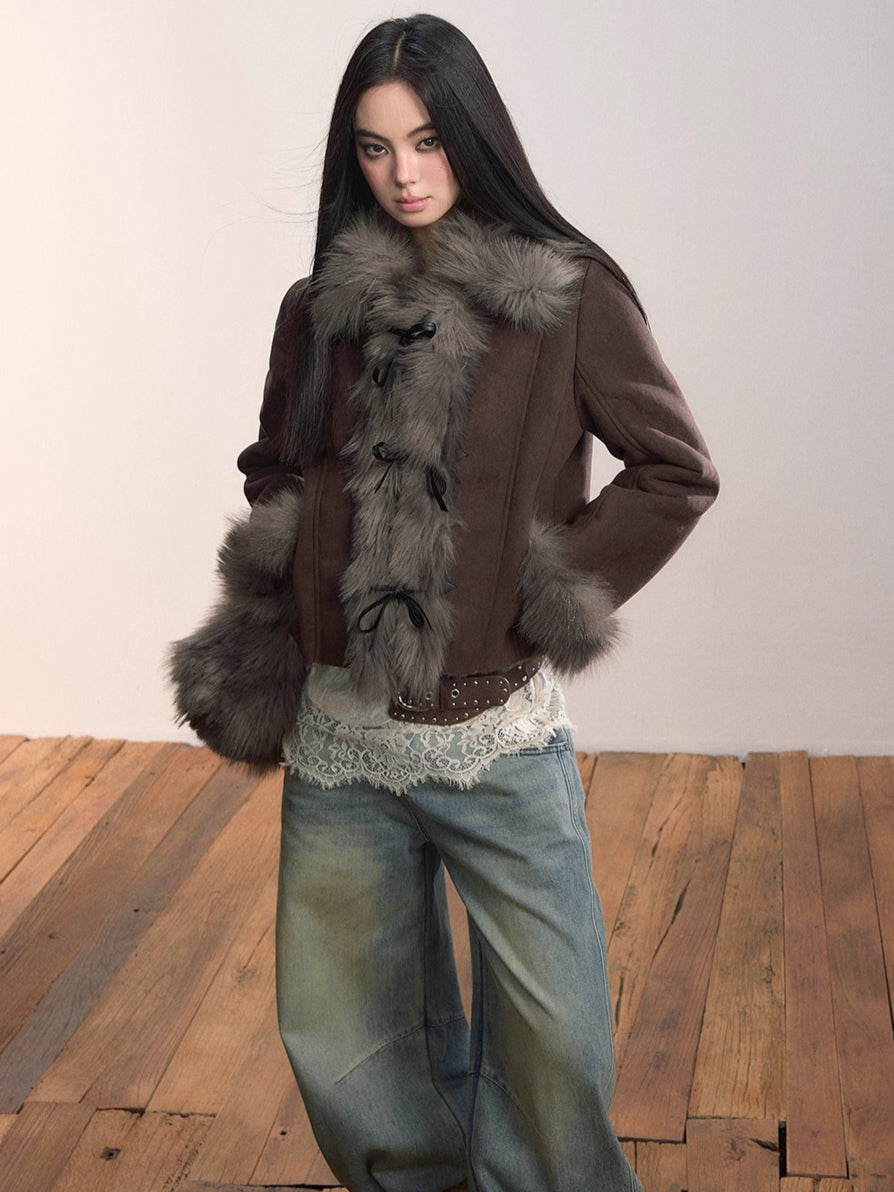 Faux Shearling Bow-Tie Collar Jacket