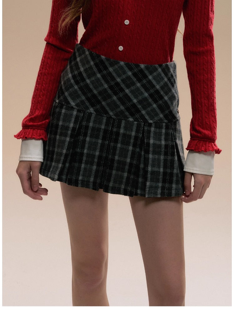 Gray Embroidered Wool Plaid Pleated Skirt