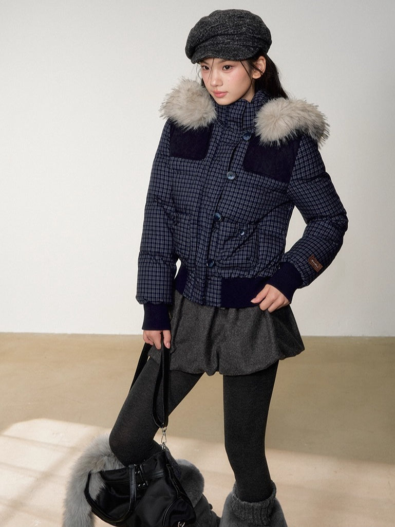 Fuzzy Plaid Down Faux Fur Collar Jacket