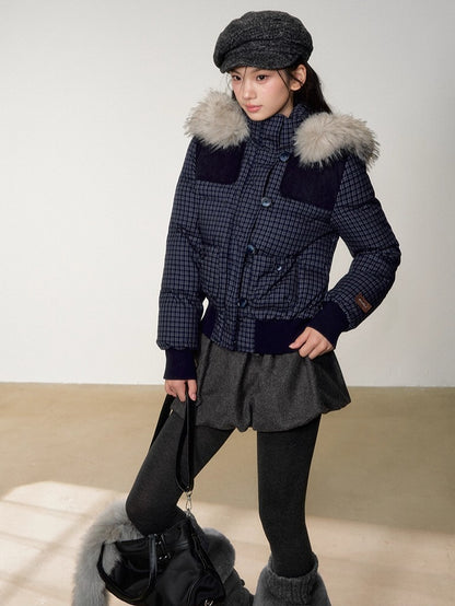 Fuzzy Plaid Down Faux Fur Collar Jacket
