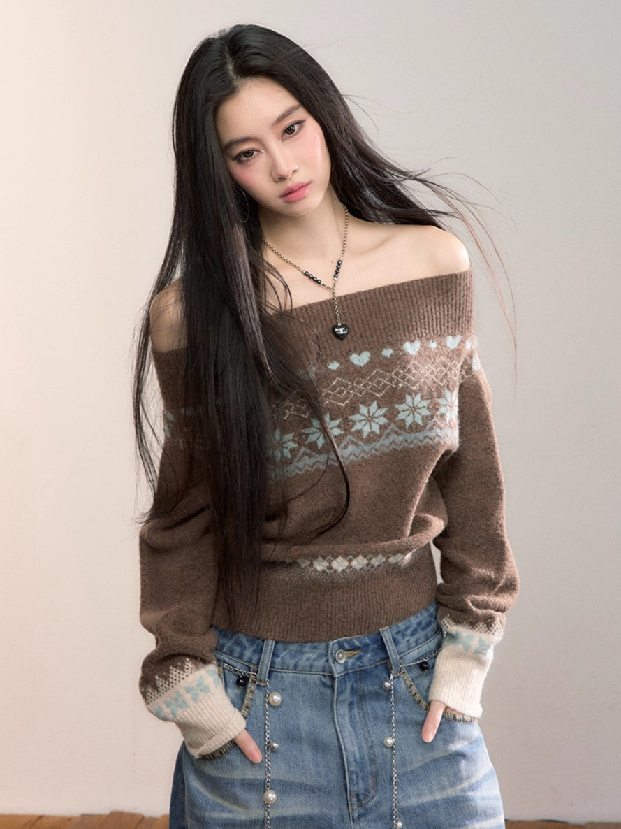 Fair Isle Off-Shoulder Wool Blend Knit Sweater