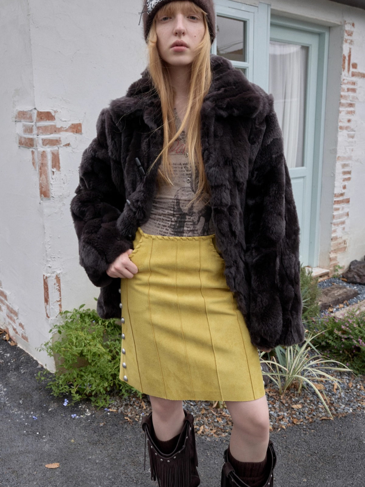 Suede Studded High-Waist Midi Skirt