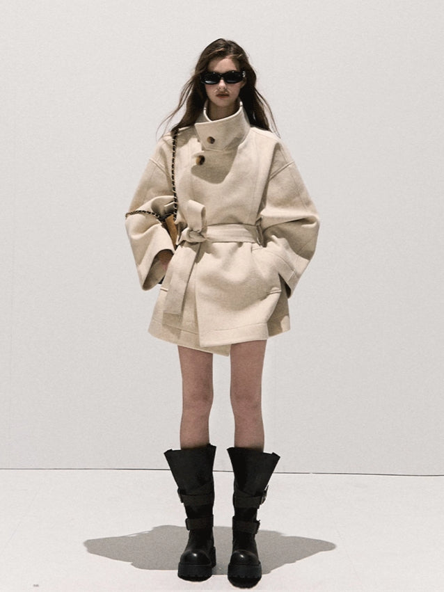 Stand-Collar Pure Wool Tailored Coat