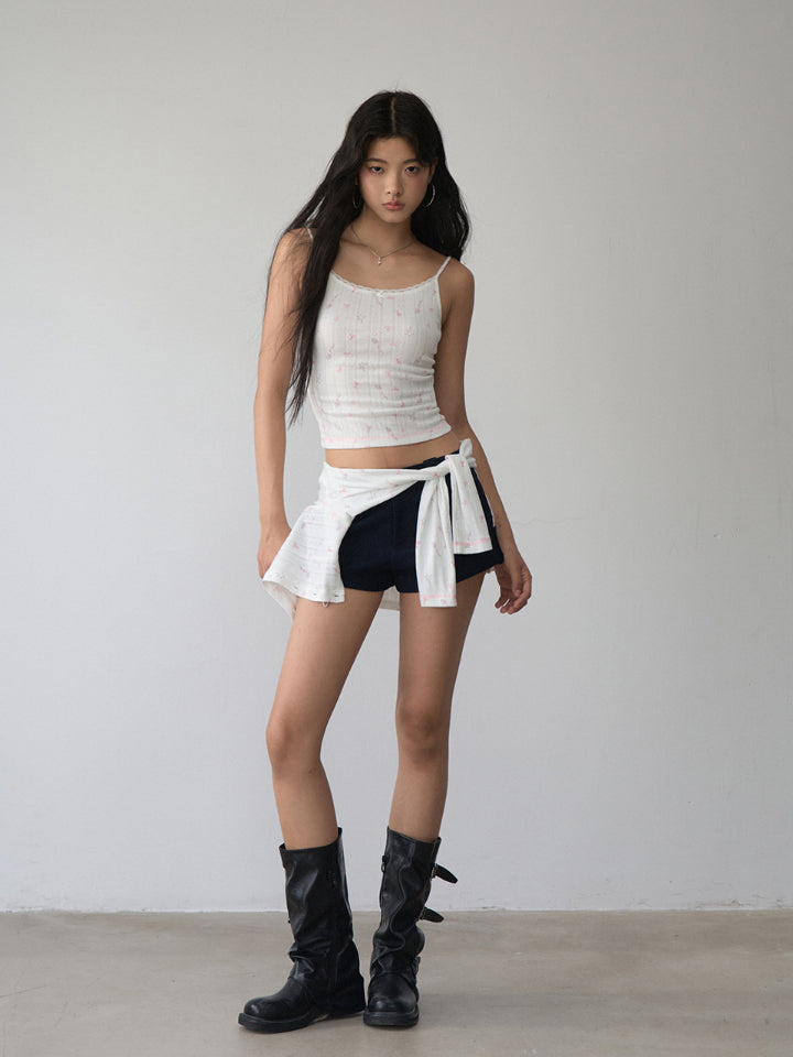 Printed Hollow-out Lace Trim One-Shoulder Top Set - CHINASQUAD