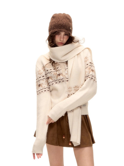 Fair Isle Wool-Blend Knit Cardigan &amp; Scarf Set