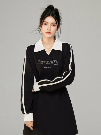 Color-Blocked Waist Cinching Polo V-neck Sweatshirt Dress