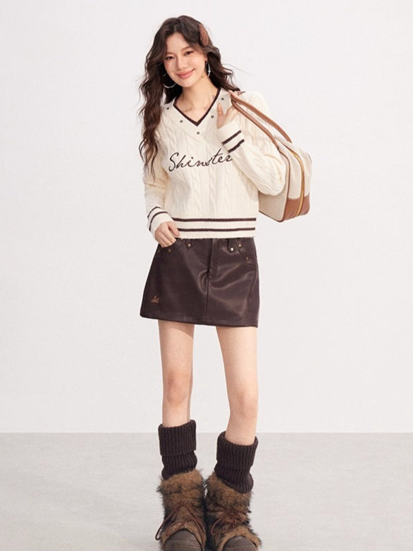 Layered-Effect Embroidered Knit V-Neck Sweater