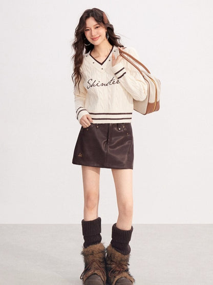 Layered-Effect Embroidered Knit V-Neck Sweater