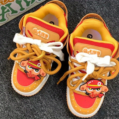 Orange Burger Embroidered Lettering Low-Top Skate Sneakers