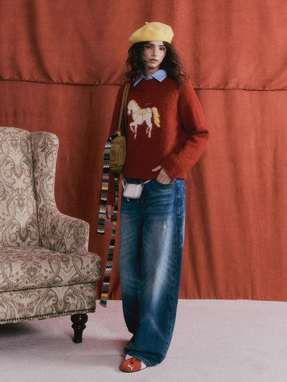 Wool Blend Horse Jacquard Embroidered Sweater