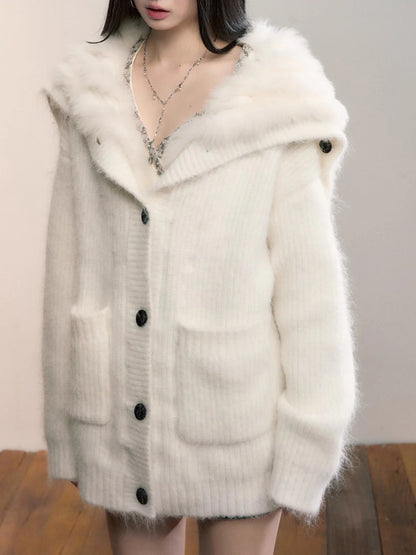 Fox Fur Collar Plush Knit Cardigan