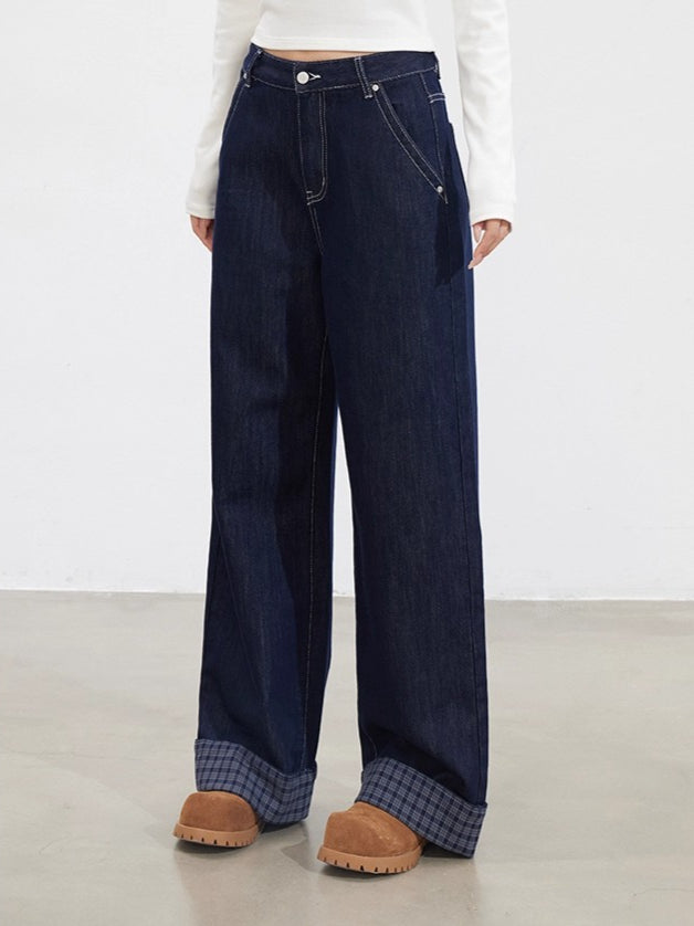 MacyMccoy Plaid Patchwork Wide-Leg Jeans - CHINASQUAD