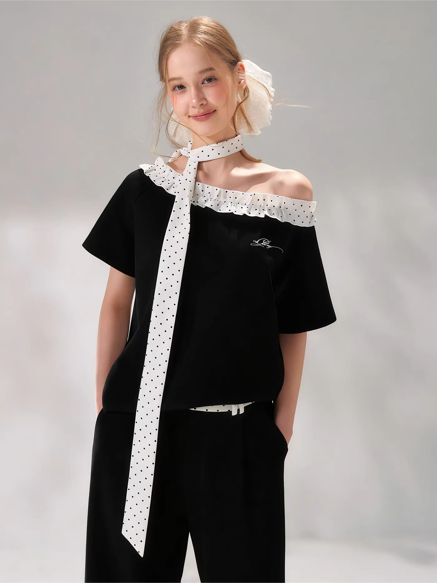 Polka Dot Ruffle Trim Off-Shoulder T-Shirt &amp; Tie-Waist Lounge Pants Set