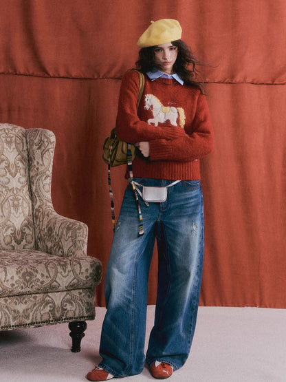 Wool Blend Horse Jacquard Embroidered Sweater