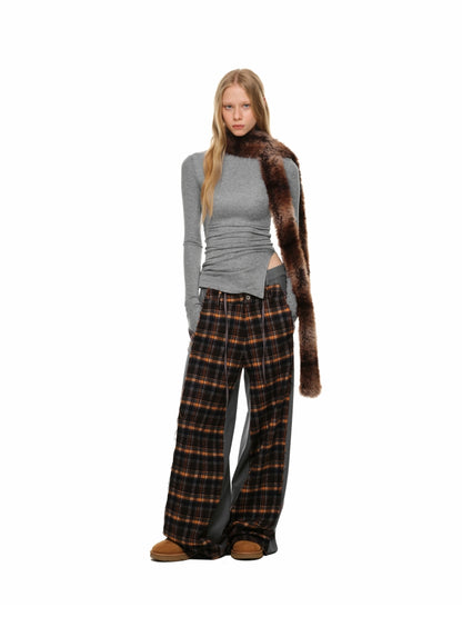 Plaid Color-Block Double-Waist Wide-Leg Pants